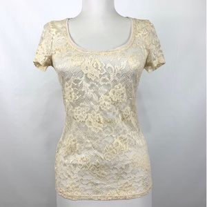 White House Black Market  USED  Floral Stretch Mesh Sleeve Top   Size XS